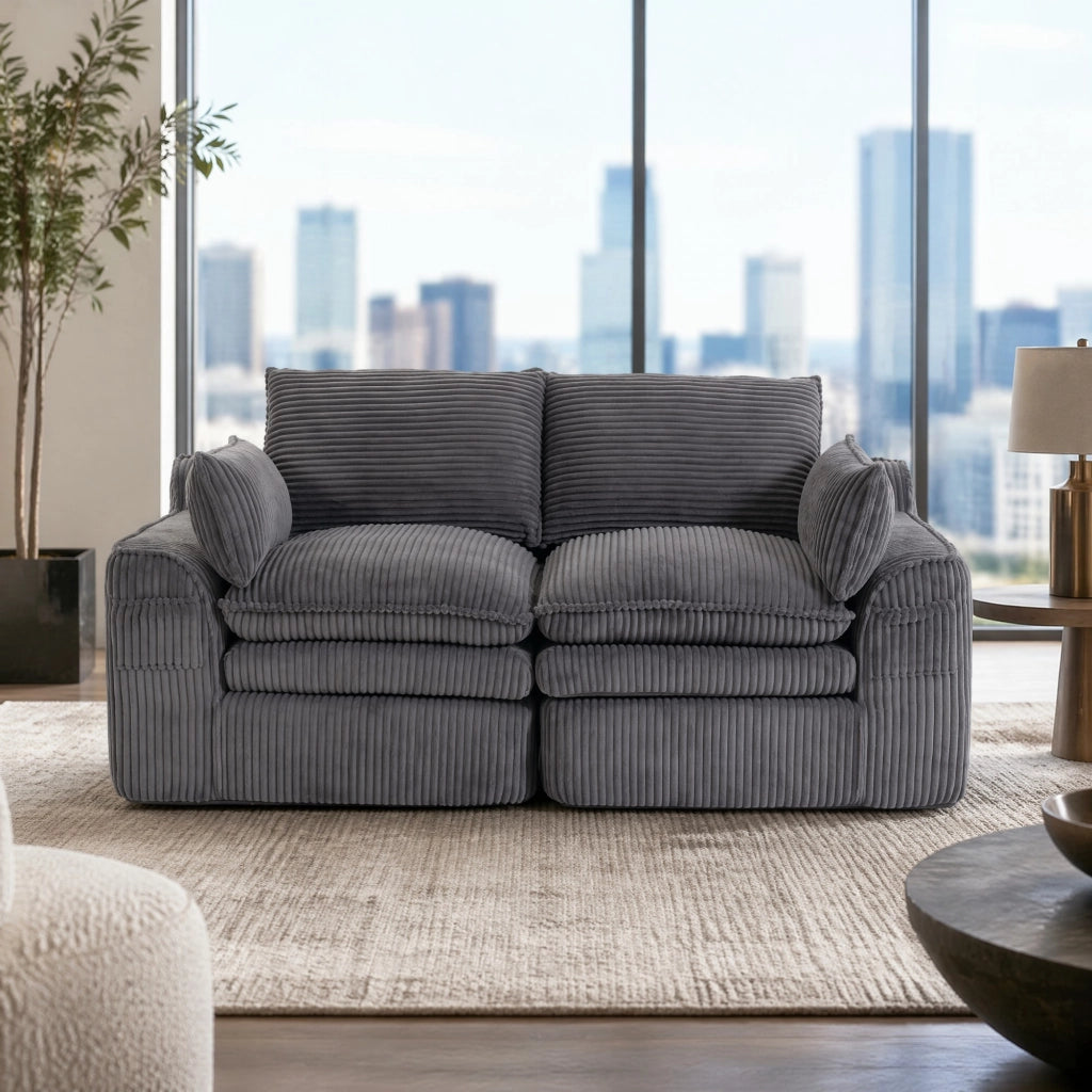 Divano 2 posti in corduroy grigio scuro con cuscini e tasche laterali, 191x94x85 cm