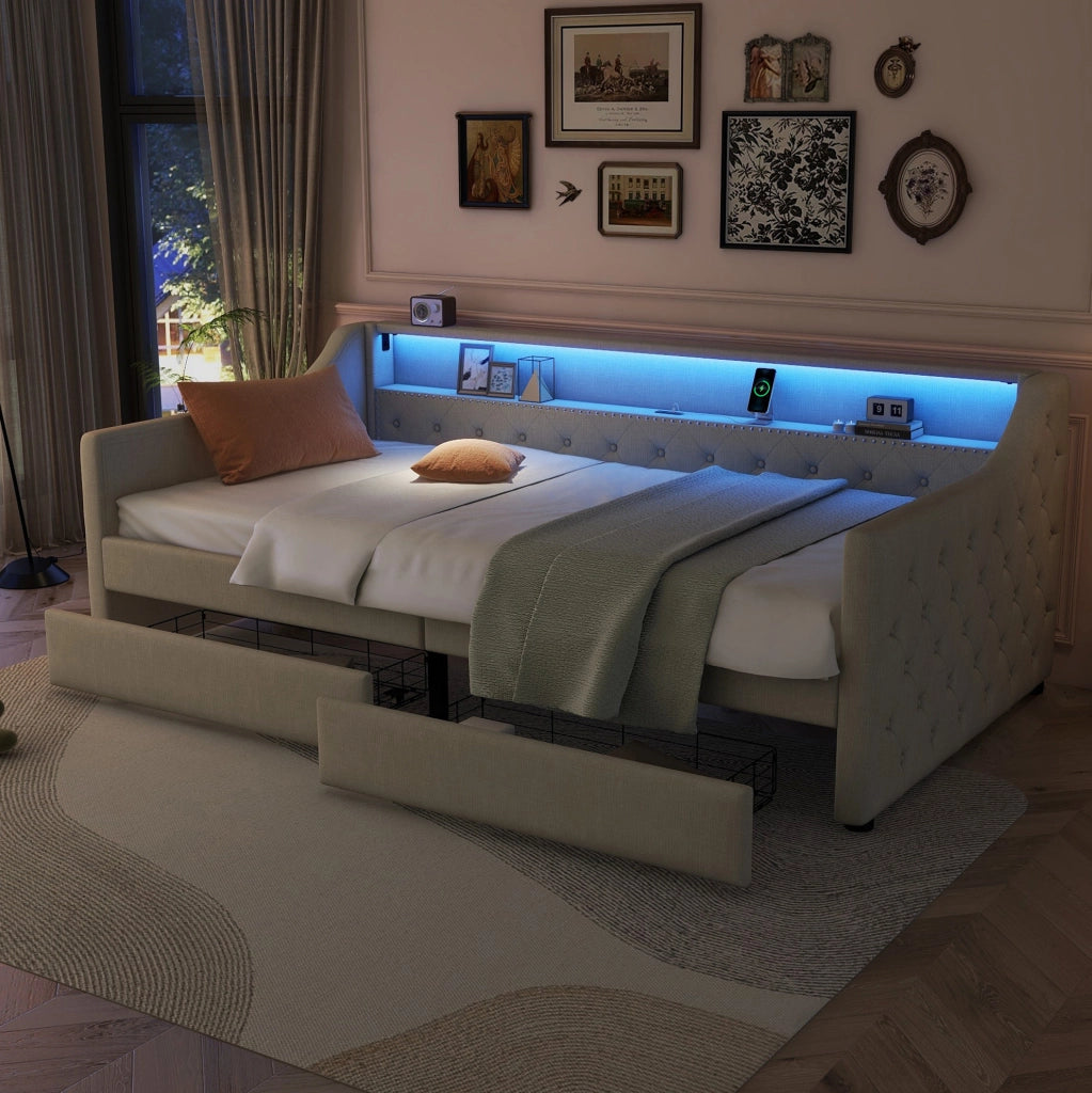 Letto a una piazza 90x200 con luci LED, due cassetti e porta USB