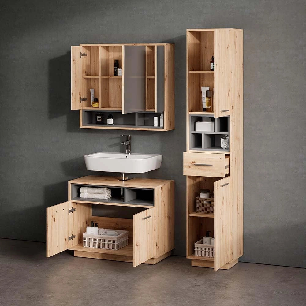 Mobile sottolavabo per bagno Beatrice, Rovere artigianale/antracite, 80 x 64 cm, con ritaglio per sifone e ripiani aperti