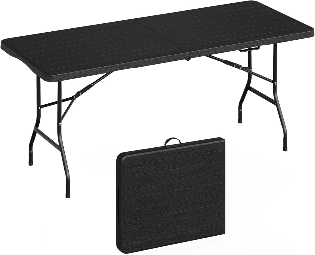 Tavolino Pieghevole Rettangolare, 180x74x74 cm, Tavolo da Esterno per 8 Persone, Richiudibile e Portatile per Giardino, Balcone e Campeggio, HDPE, Effetto Legno, Nero