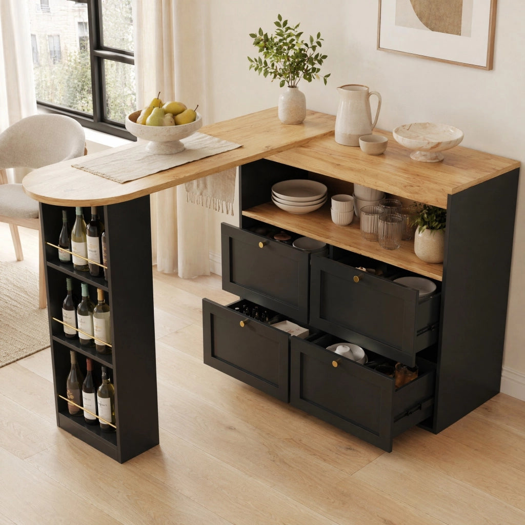 Scrivania Lineare con 4 Cassetti e Ripiani Aperti Girevoli a 360° per Studio e Soggiorno in MDF Nero 105 x 39 x 102 cm