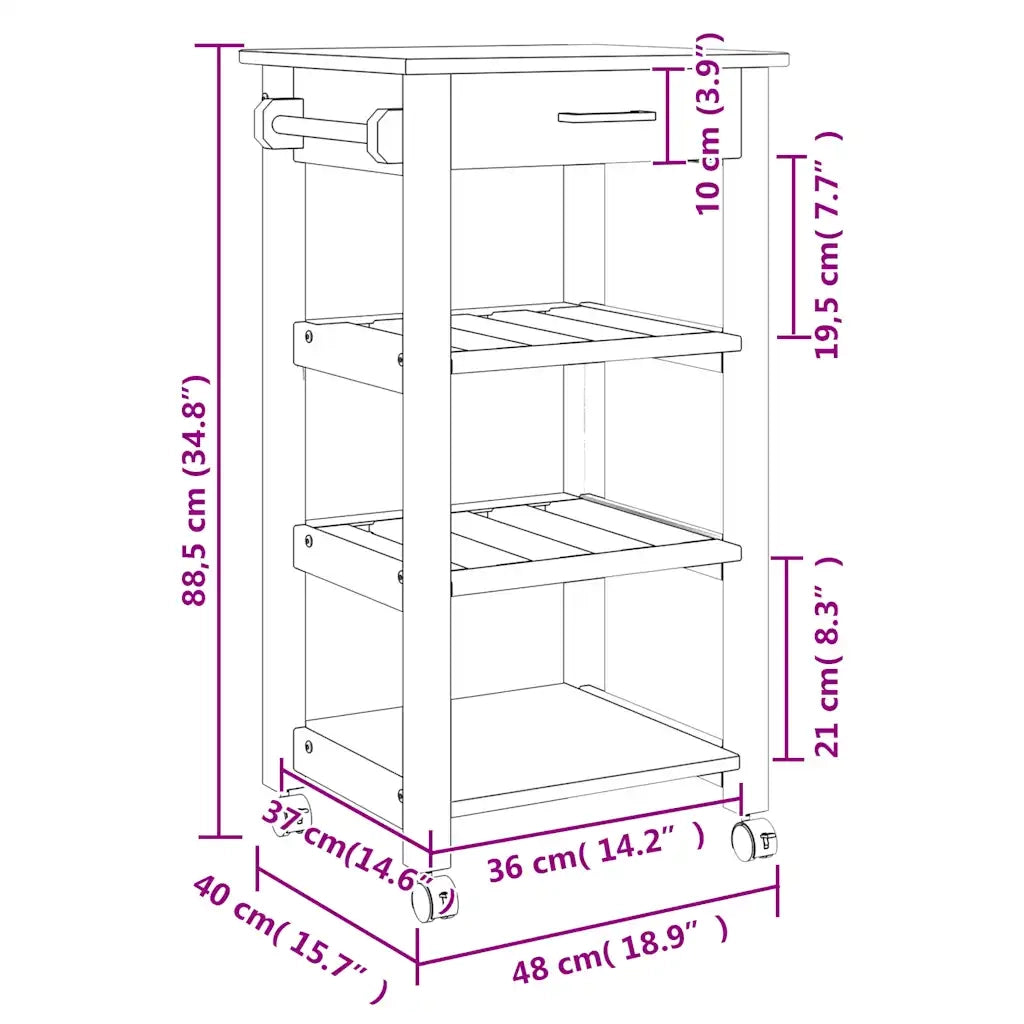 Carrello da Cucina-Scaffale per Cucina MONZA 48x40x88,5 cm in Legno Massello di Pino 507697