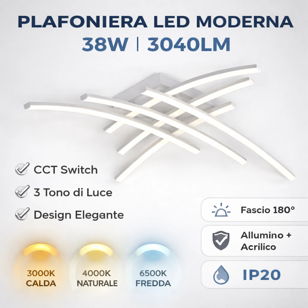 Plafoniera LED Moderna 38W 3040LM Design Curvo Intrecciato, CCT Switch Calda 3000K Naturale 4000K Fredda 6500K, Soffitto Alluminio Acrilico, da Interno