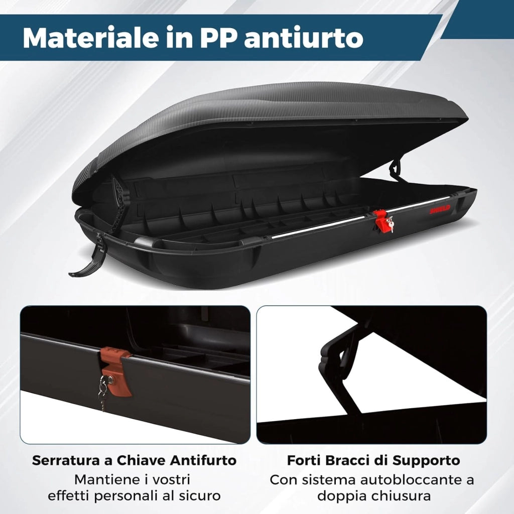Box da Tetto per Auto XL, Baule Tetto Universale Rigido Impermeabile Super Resistente in Fibra Carbonio e Metallo, Portapacchi per Auto con Chiavi, Capacità 75 kg (201 x 79 x 38 cm)