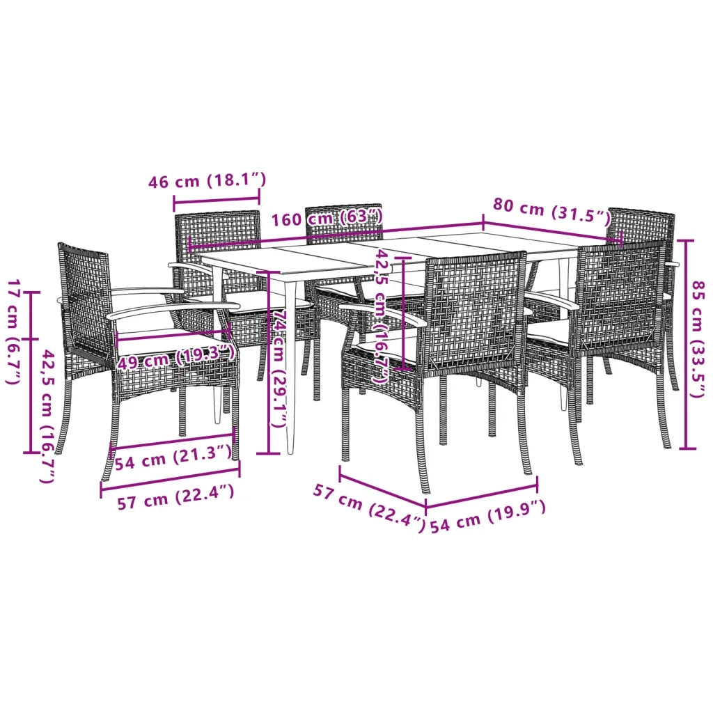 Set da Pranzo da Giardino 7 pz con Cuscini in Polyrattan Grigio