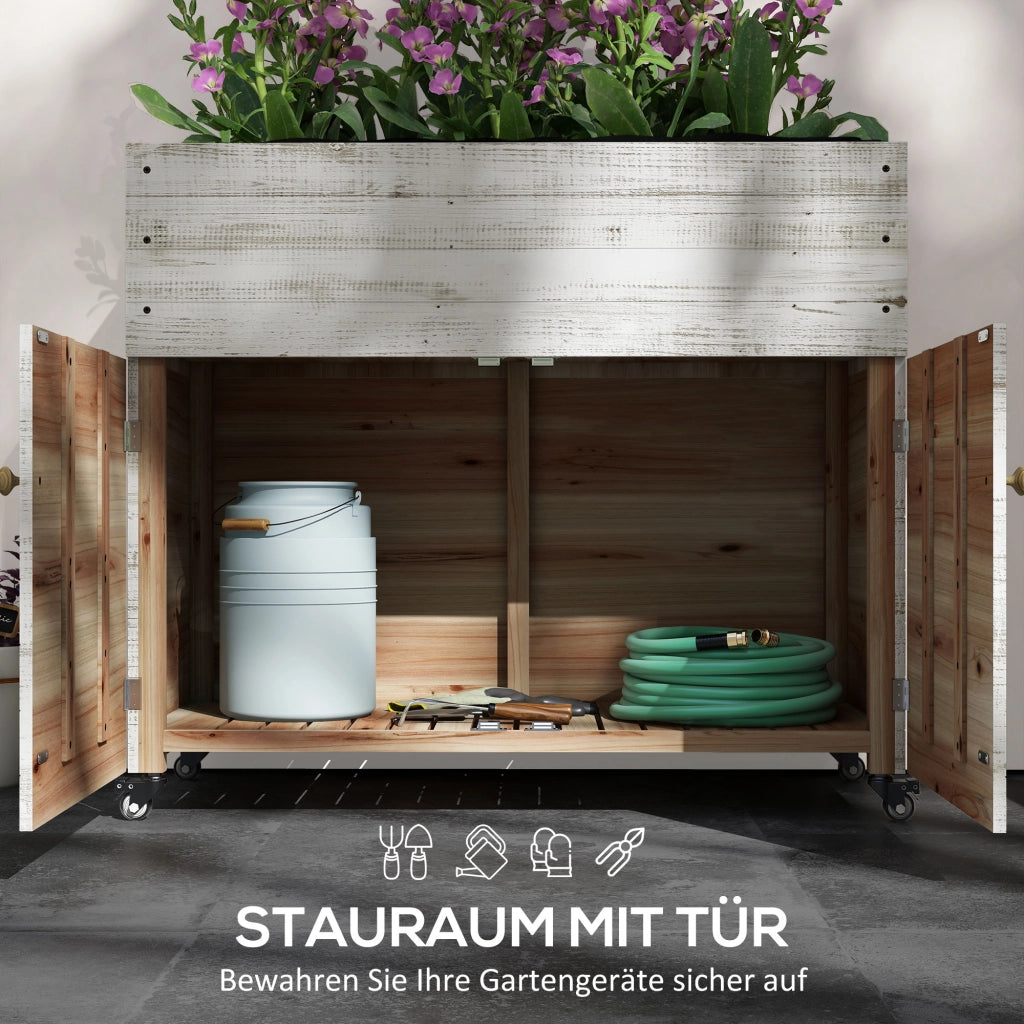 FIORIERA Rialzata con vano contenitore 110 x 50 x 95 cm Legno bianco con ruote