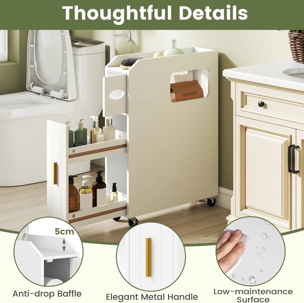 Piccolo Mobile da Bagno 16 cm, Armadietto da Bagno Stretto, Porta Carta, Porta Spazzola, Mobile WC Compatto con Cassetto e Ruote, Organizzazione del Bagno per Spazio Piccolo, Bianco