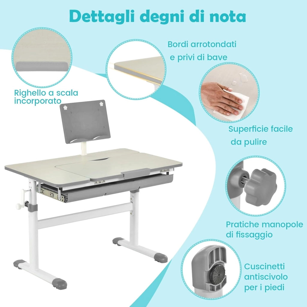Scrivania per Bambini, Tavolo per Studenti con Regolabile in Altezza, con Piano Ribaltabile, Libreria, Cassetti e Righello di Misurazione, Ergonomica, Ideale per Bambini 3-12 Anni (Grigio)