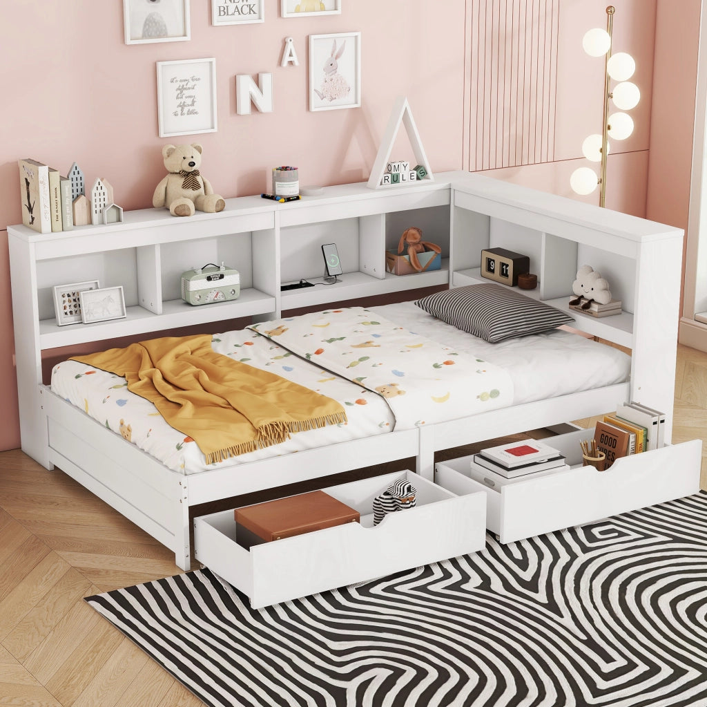 Divano letto 90x200 cm con 2 cassetti e prese USB; truciolare e MDF; bianco (Senza materasso)