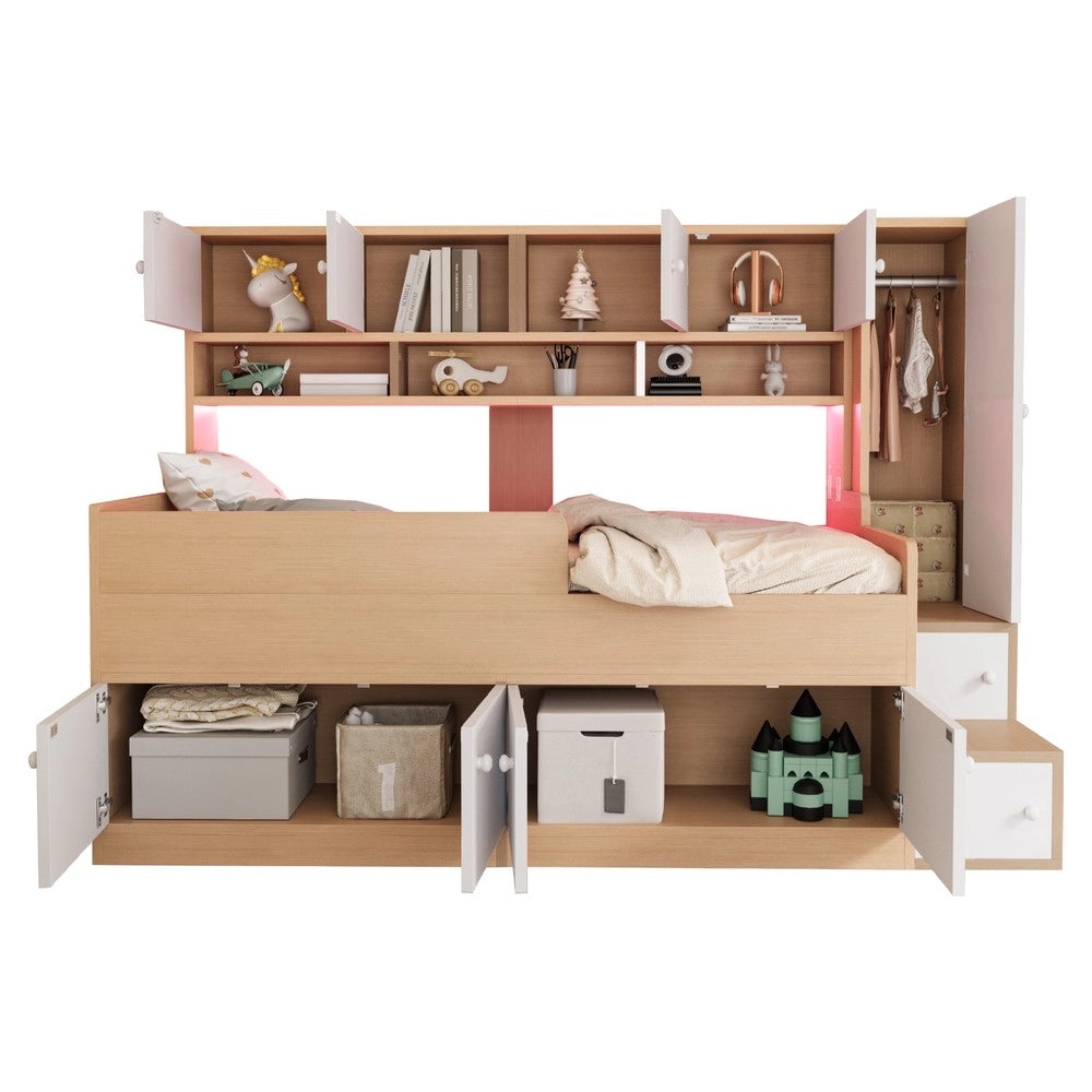 Letto Bambini in Legno con Soppalco, LED, Cassetti e Armadio ¨C Xylo ¨C 90x200