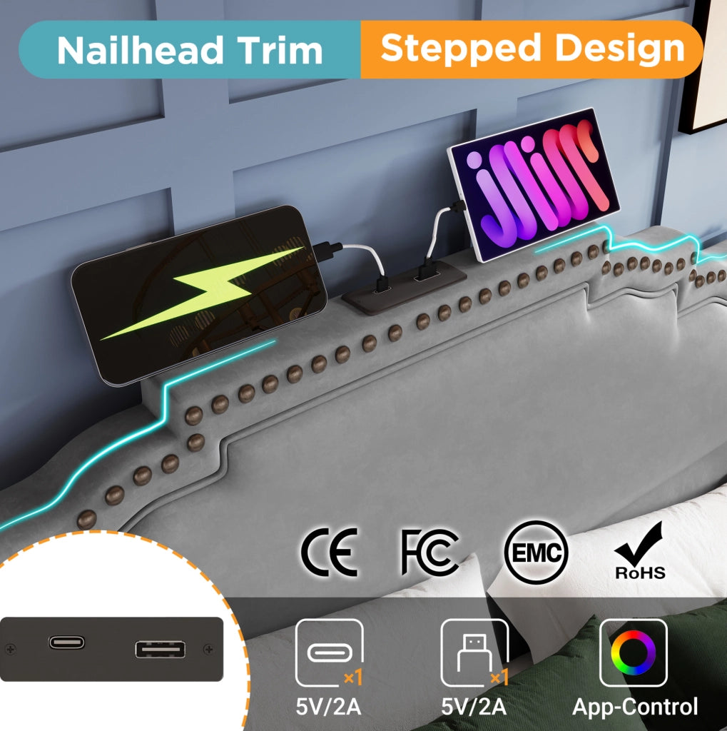 Letto matrimoniale 140x200 cm in velluto grigio con LED; USB Type-C e 4 cassetti; con materasso