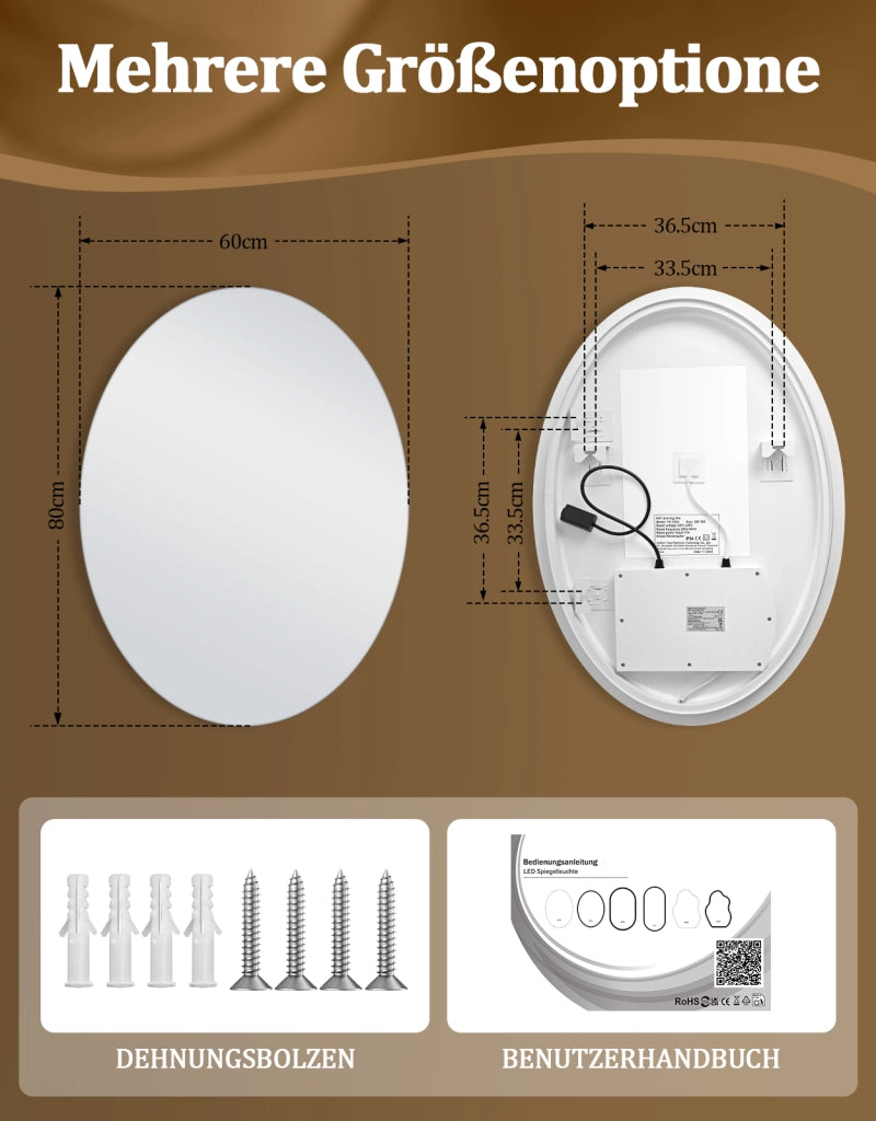 ZMH Specchio da bagno ovale LED 60x80 cm parete IP44 interruttore touch antiappannante dimmerabile 3000K-6500K