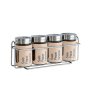 Set 4 Contenitori In Vetro Cucina Portaspezie 90 Ml Con Espositore In Metallo Barattoli Moderni Sale Pepe Rotondi Tappo Girevole Acciaio Per Regolazione Con Moderne Scritte Certificati Contatto Alimentare Biscotto
