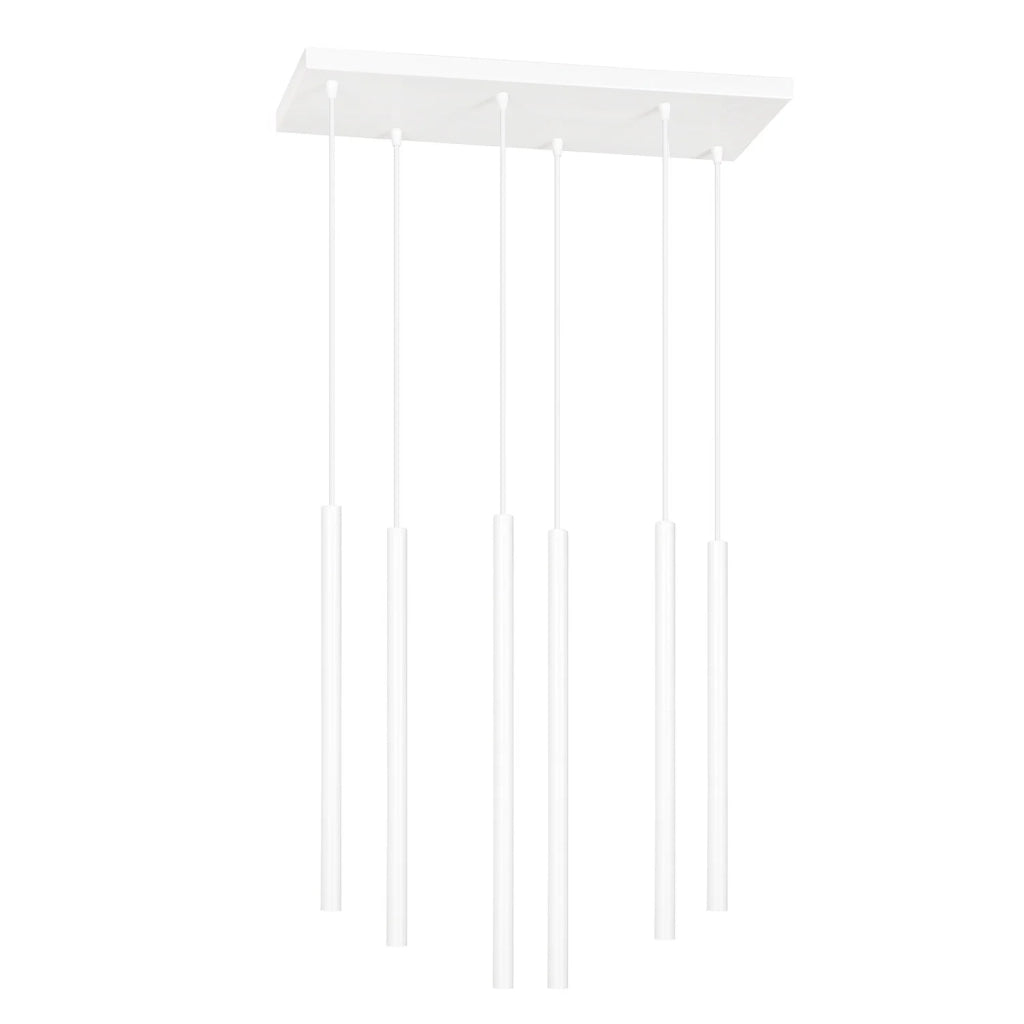 Lampadario 6 Luci Moderno Shu Acciaio Bianco E Paralumi A Cilindri Sottili
