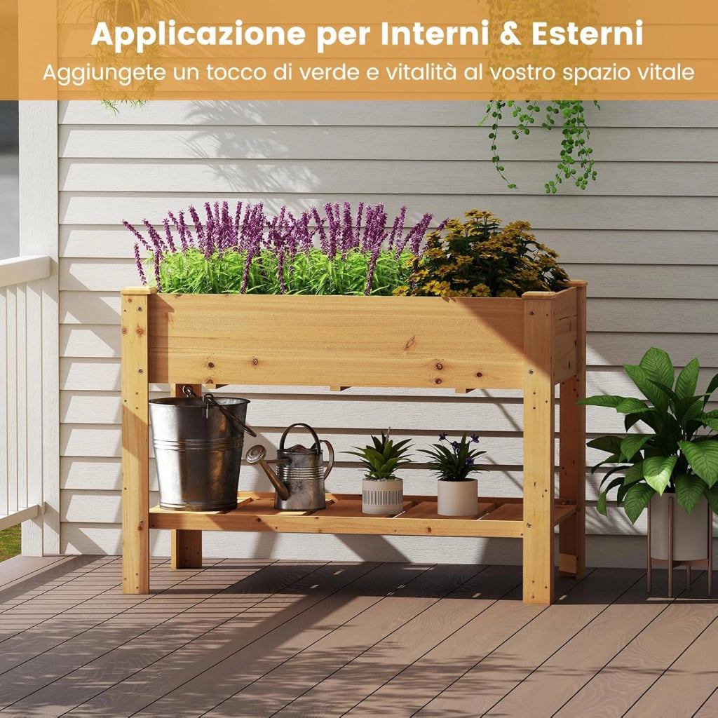 Letto per Orto Rialzato da Esterno in Legno di Abete, Fioriera Rialzata con Fori di Drenaggio e Ripiano Inferiore, Letto per Piante Urbano da Giardino e Patio, 120 x 60 x 82 cm (Naturale)