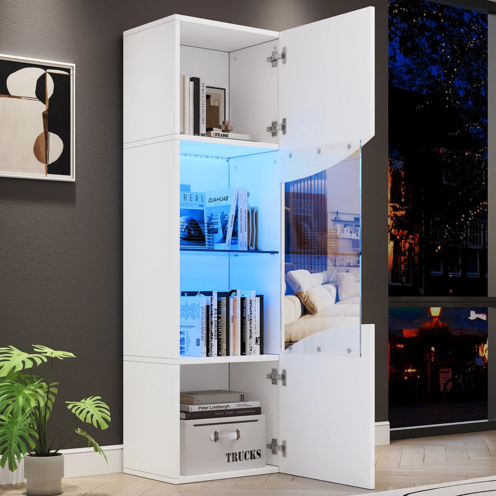 Vetrina alta con 4 ripiani e LED per soggiorno in truciolare e vetro 35×50×165 cm bianco