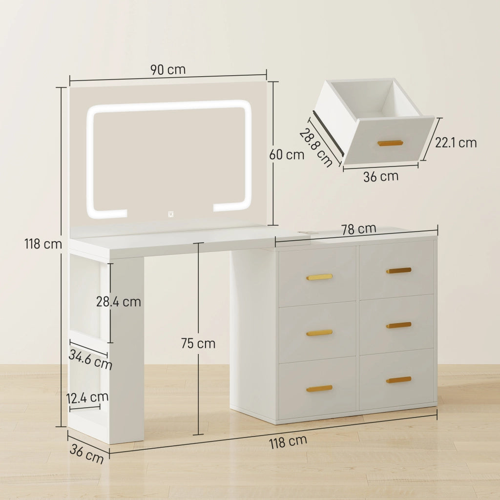 Toeletta da Camera con Specchio e Luci LED Regolabili, 6 Cassetti, 2 Ripiani e Prese Elettriche, Bianco