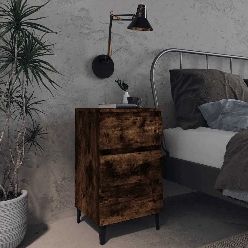 Comodino | Armadio da Notte | Mobiletto da notte con Gambe in Metallo Rovere Fumo 40x35x69 cm