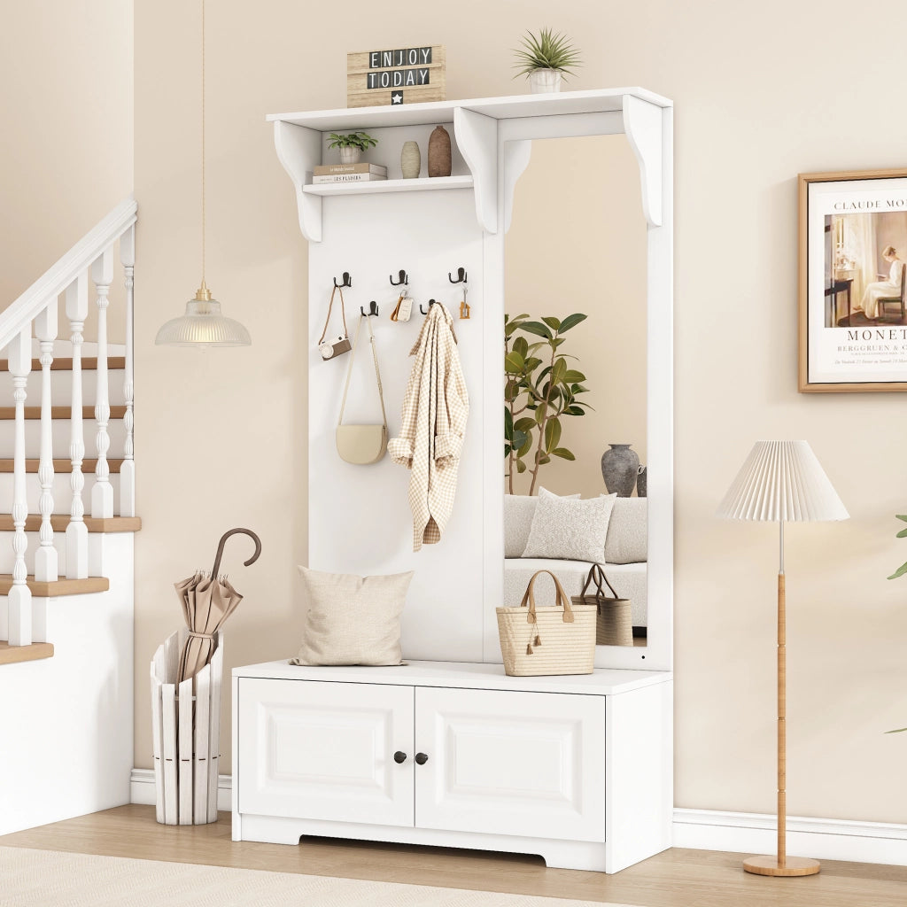 Mobile ingresso con specchio, 5 ganci e 2 vani chiusi, per ingresso, in MDF bianco, 100 × 40 × 180 cm
