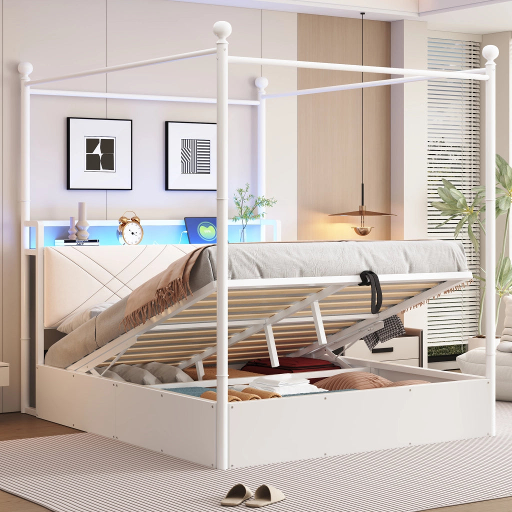 Letto contenitore 140 × 190 cm con baldacchino rimovibile, LED, USB e Type-C, senza materasso, bianco