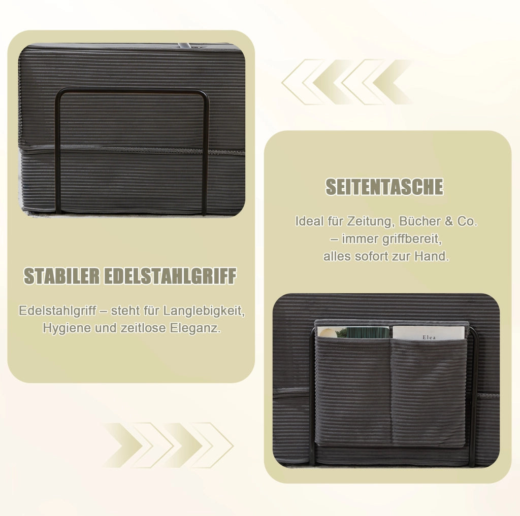 Pouf sofa modulare grigio scuro in velluto a coste con cuscini e tasche laterali