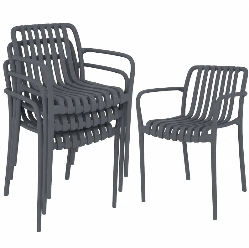 Set di 4 sedie da giardino impilabili in plastica PP con braccioli; grigio scuro