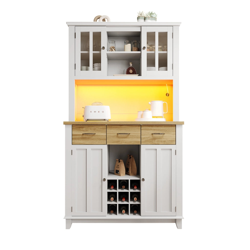 Buffet con Vetrina e LED ¨C MINIMAL ¨C Legno, Ripiani Regolabili, Cassetti