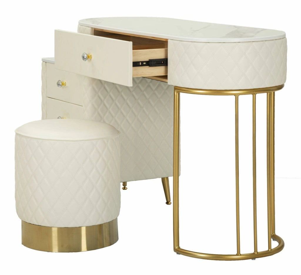 Toeletta Guidobono, Tavolo da toeletta, Postazione da trucco, Mobile consolle, 120x40 h75 cm, Bianco e Oro