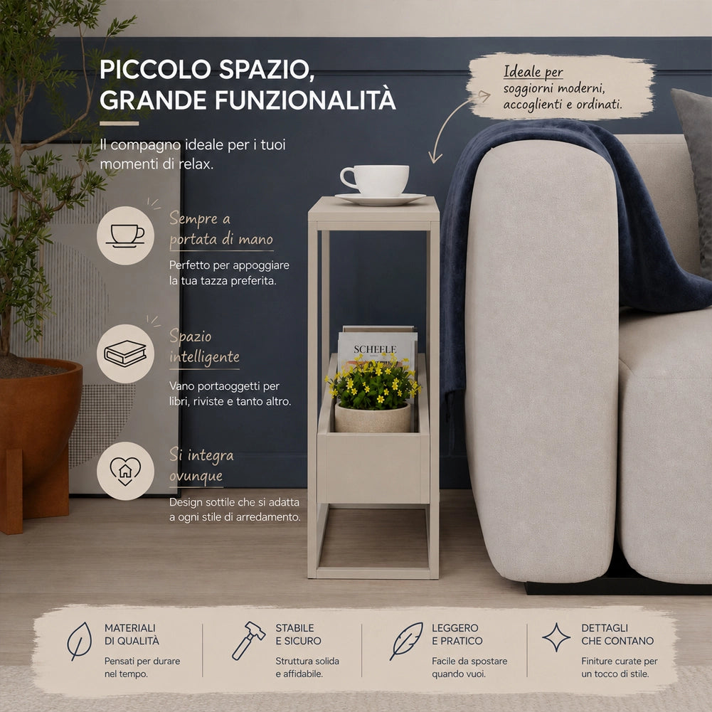 Tavolino Laterale Divano a 2 Ripiani Tavolo Multiuso Bianco e Sabbia 60x22x62cm
