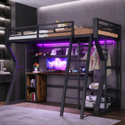 Letto a soppalco 90x200 cm con scrivania, luce LED, presa e appendiabiti nero