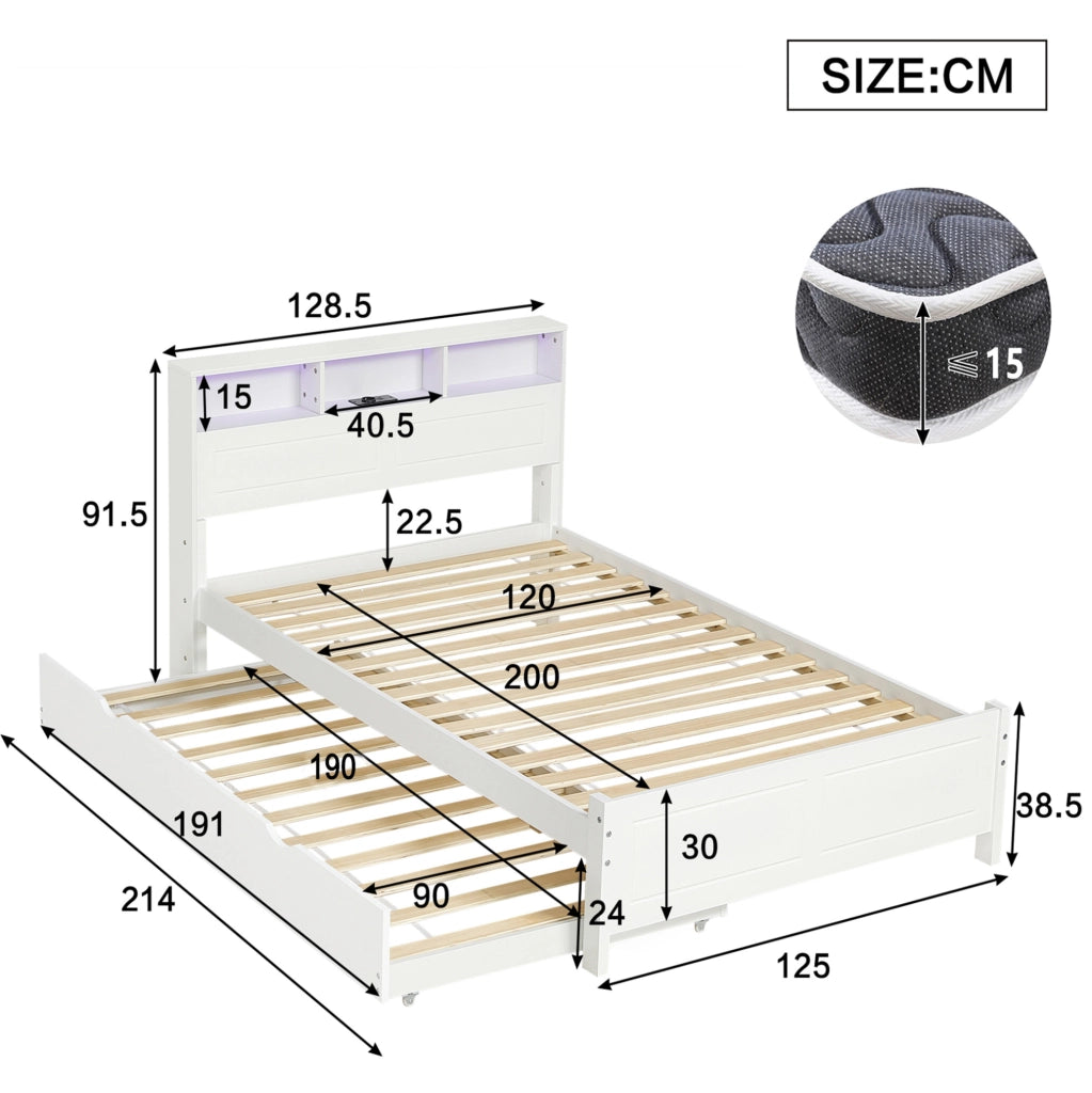 Letto matrimoniale 120x200 cm con letto estraibile e presa di ricarica in pino e MDF bianco