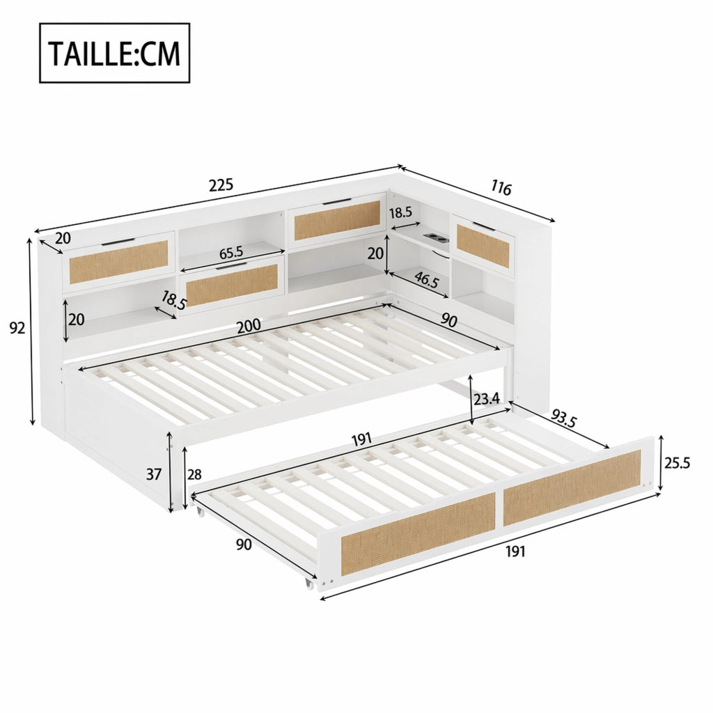 DESMIU Letto estraibile 90 × 200 cm 1 posto con letto 90 × 190 cm, USB e contenitore, senza materasso, bianco