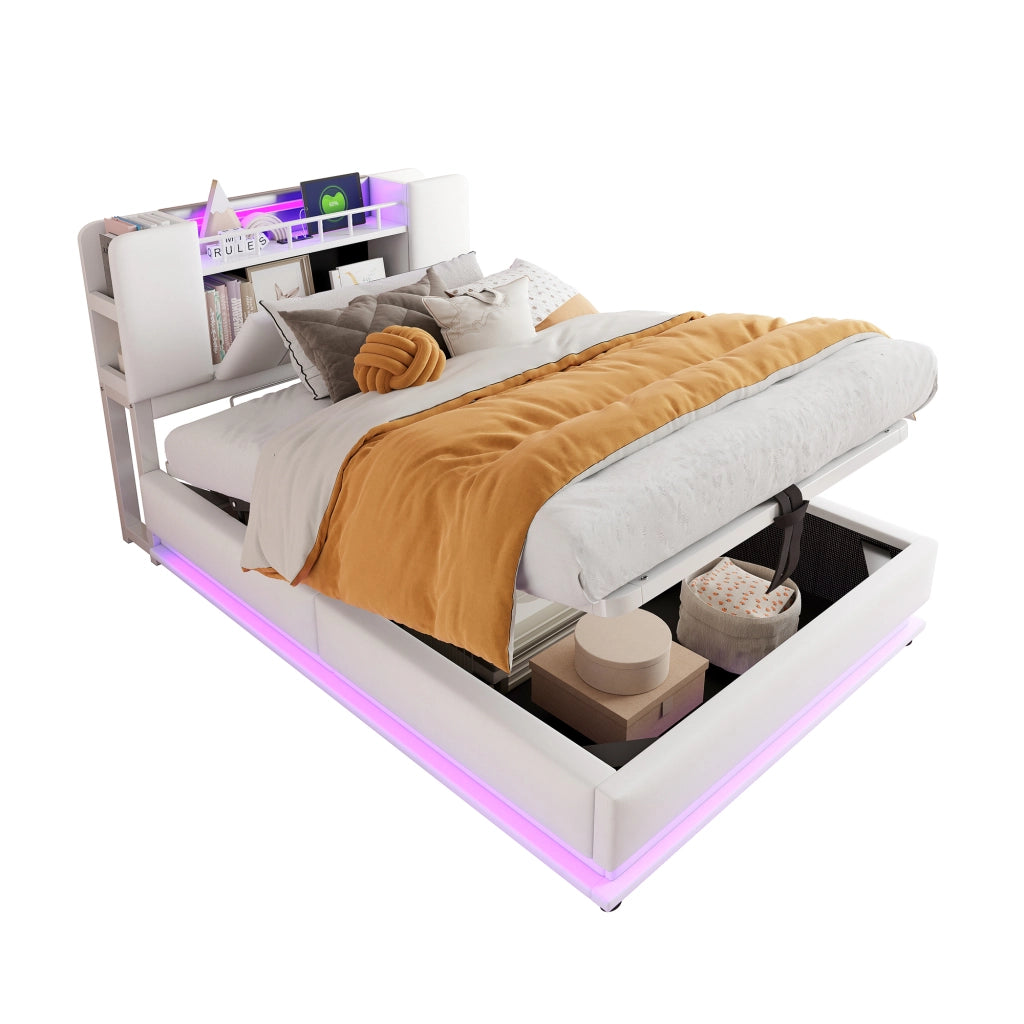 Letto imbottito per bambini 90x200 cm con LED, USB e contenitore idraulico, beige