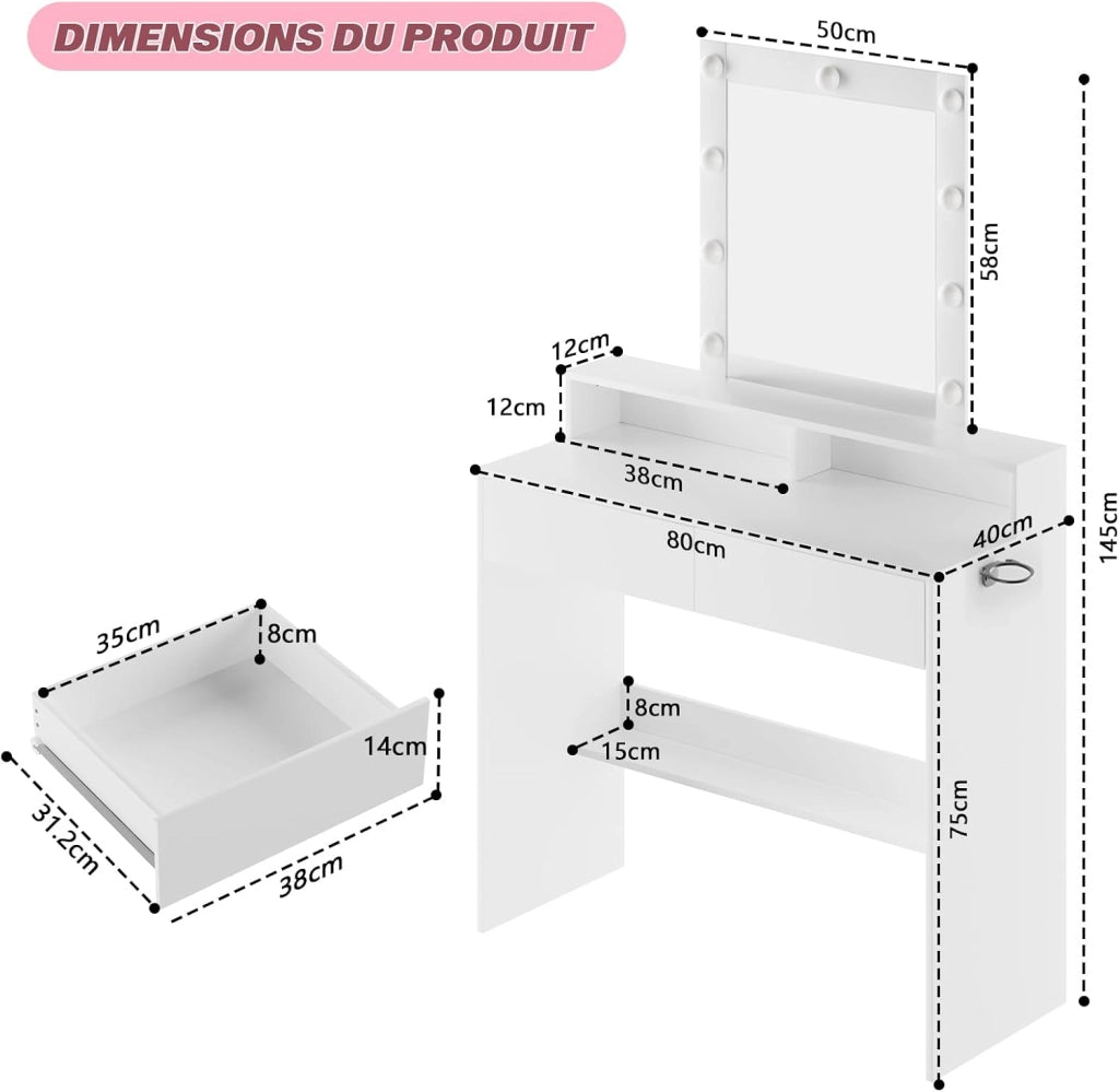 Toeletta da Trucco con Luci, Luminosità Regolabile,Tavolo da Trucco con Specchio,Postazione Trucco con 2 Cassetti,Porta Asciugacapelli,Make-up Desk,Moderno, Bianco
