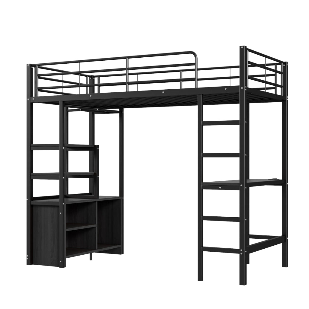 Letto a Soppalco con Scrivania e Ripiani ¨C MINIMAL ¨C Struttura in Metallo Nero 90x200