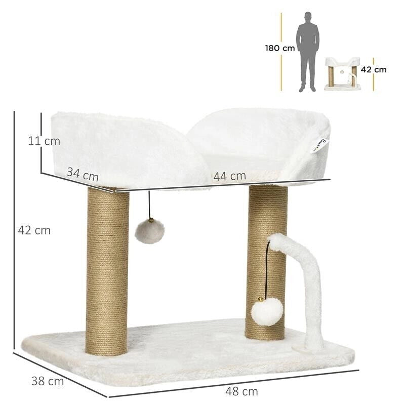 TORRE PER GATTI MAX 5KG IN TRUCIOLATO CON TIRAGRAFFI E PALLINE GIOCATTOLO, 48X38X42 CM, GIALLO E BIANCO