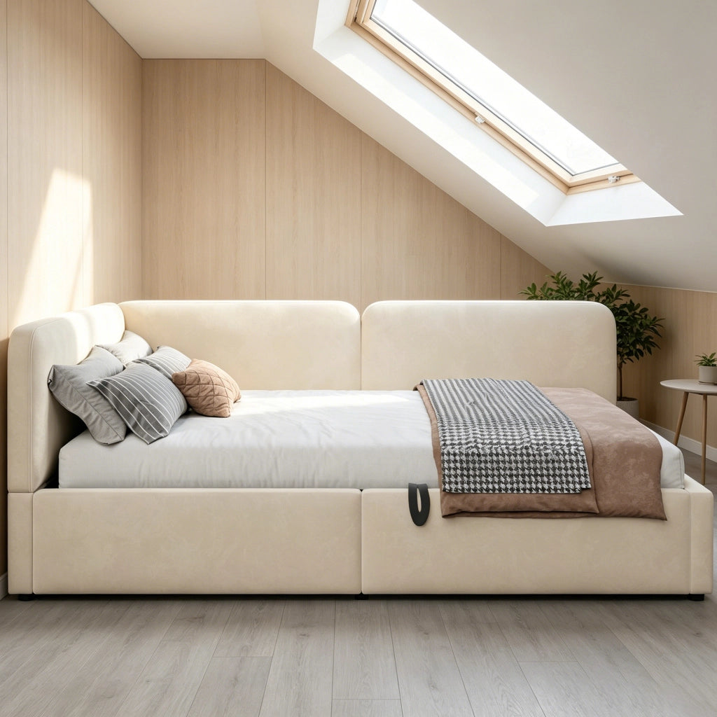 Divano letto imbottito 206x146x81 cm con contenitore idraulico; testiera reversibile in tessuto beige
