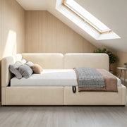 Divano letto imbottito 206x146x81 cm con contenitore idraulico; testiera reversibile in tessuto beige
