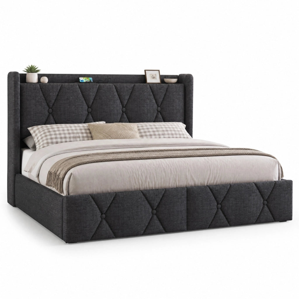 Letto contenitore matrimoniale 140x200 cm in tessuto grigio con 4 cassetti, testiera con prese e USB, senza materasso