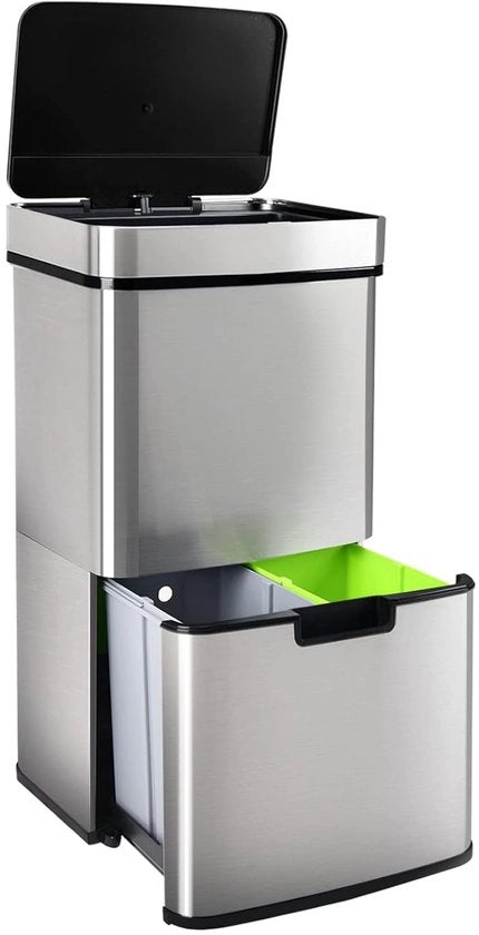 62 Litri Prigione Automatica con Sensore 3 Compartimenti Sistema di Separazione Rifiuti con Coperchio a Chiusura Soft e Fermo per Sacchi di Rifiuti in Acciaio Inossidabile - Capacità di.