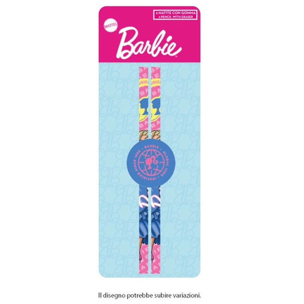 Trade Shop - Set 2 Pz Matite Con Gomma Rotonda Grafica Barbie Cancelleria Scuola Bambine 960641 -