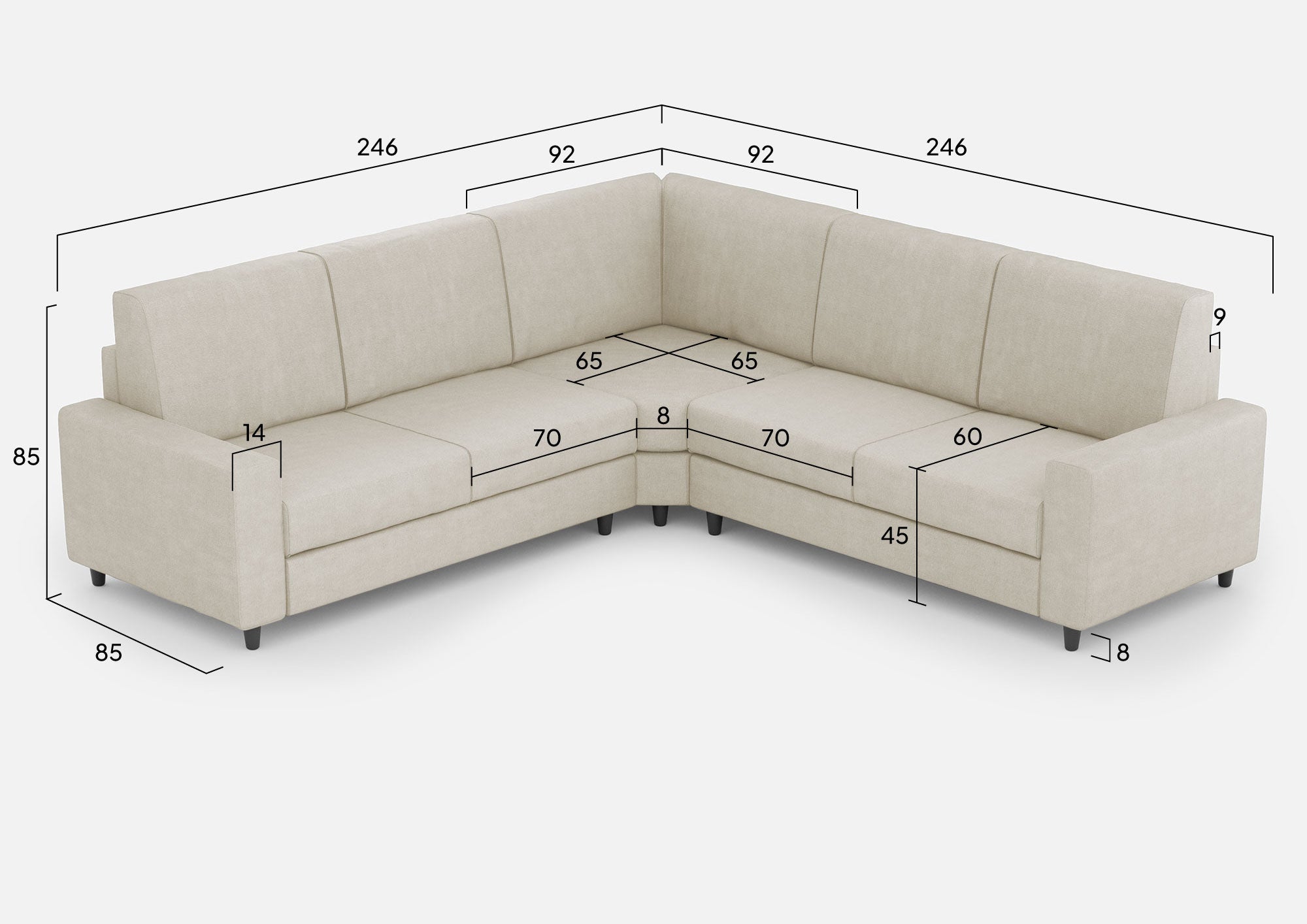 Divano Angolare 5 Posti 246x246x85 cm Sakar in Tessuto Latte