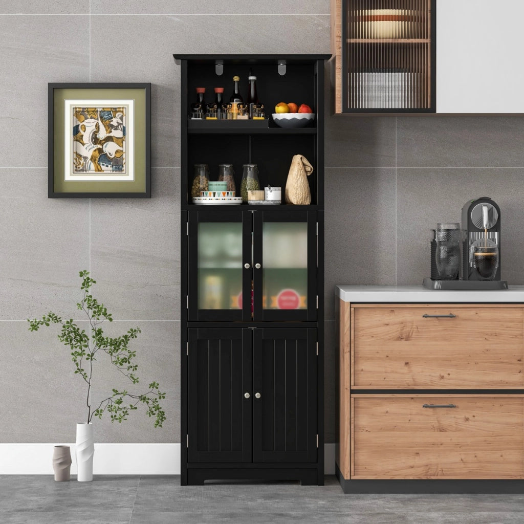 Armadio 163cm con 2 armadietti scomparti aperti ripiani regolabili ante in vetro-Buffet Organizzatore da pavimento Nero