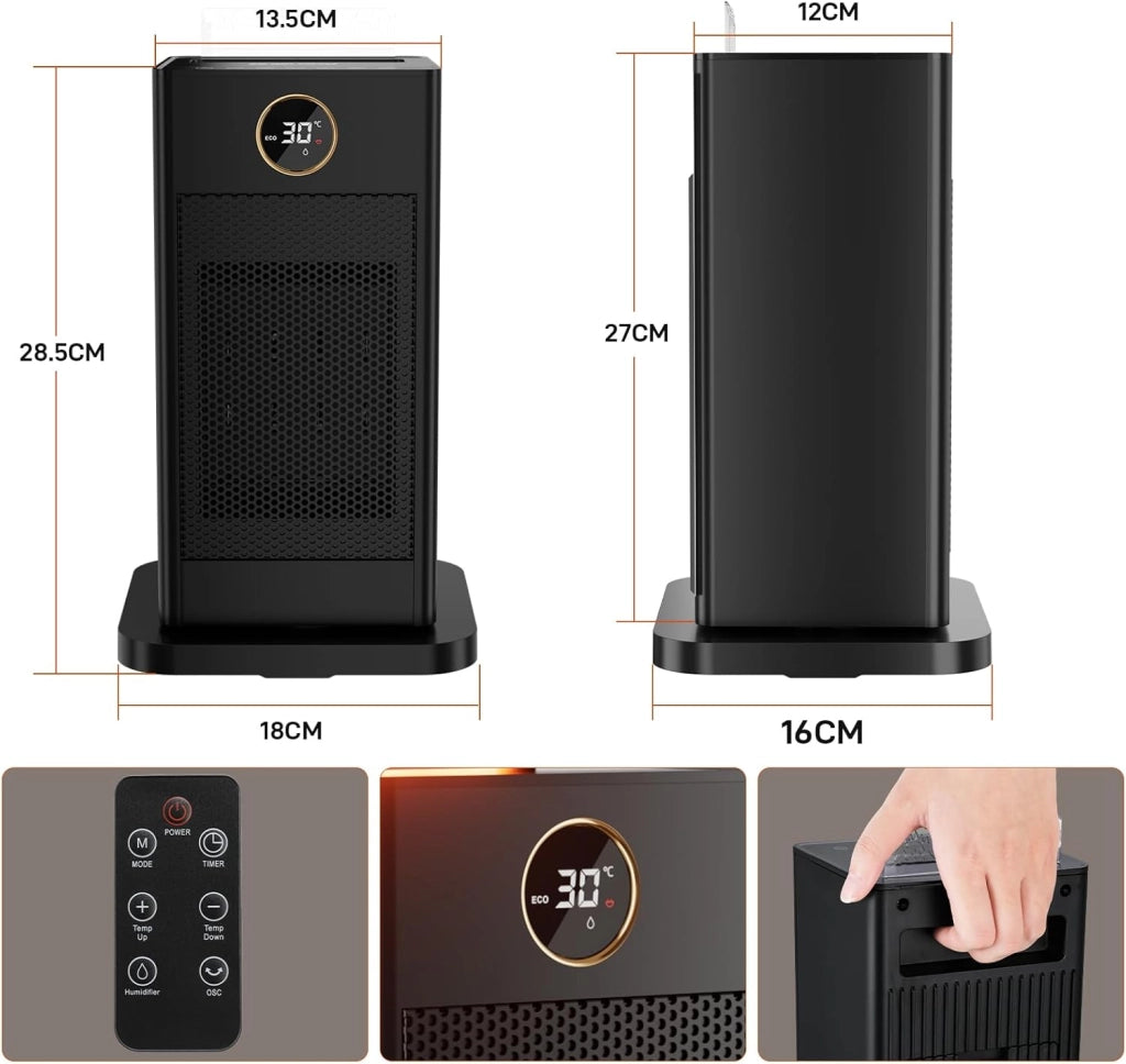 Termoventilatore piccolo, 1500 W, con funzione di umidificazione e luce ambientale, PTC, silenzioso, a risparmio energetico, timer da 12 ore, 4 modalità, oscillazione a 90°, con telecomando,