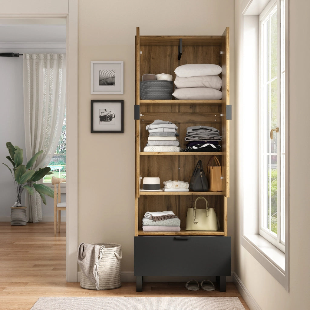 Armadio guardaroba 180x65x38 cm con barra appendiabiti; ripiani regolabili e cassetto in truciolare naturale