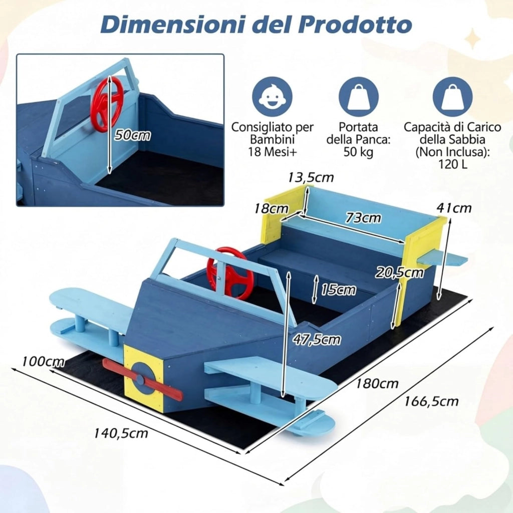 COSYWAY Sabbiera per Bambini in Legno, Gioco da Spiaggia a Forma di Aliante con Panca, Elica, Timone e Alette, Sabbiera da Esterno con Fodera Inferiore per Spiaggia e Cortile, 18 Mesi+, 180x100x50 cm