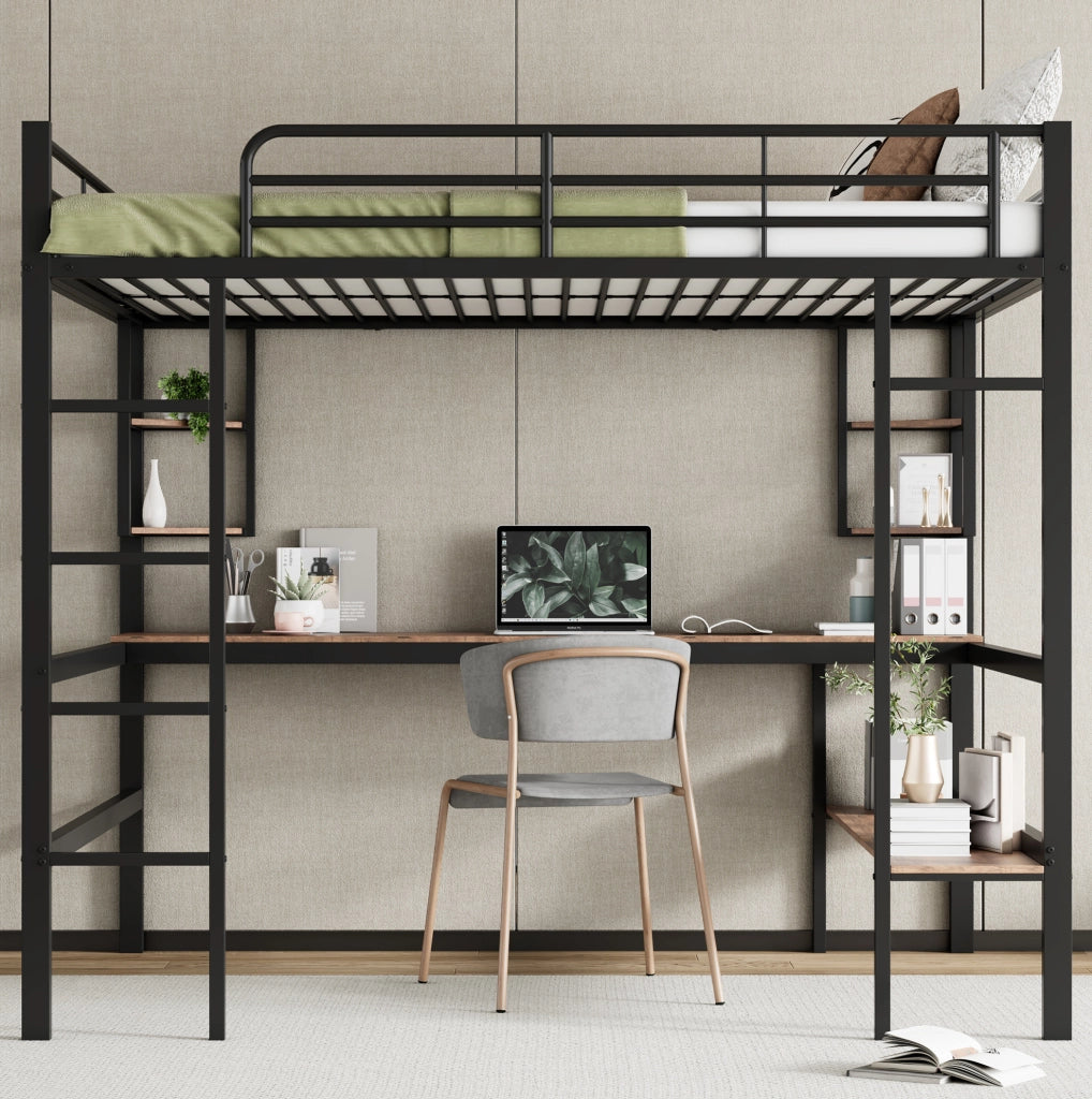 Letto a soppalco 140x200 cm con scrivania e libreria; metallo; nero (Senza materasso)