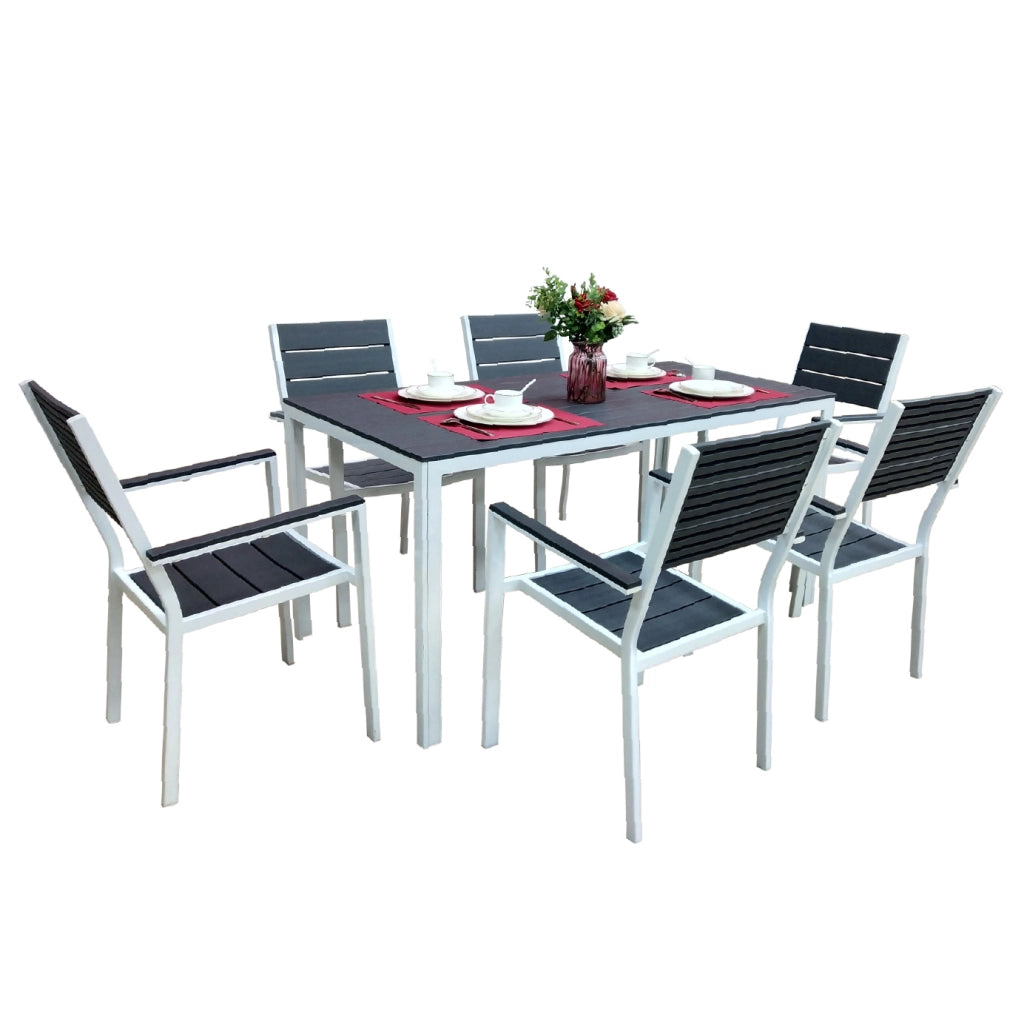 Set Tavolo da Giardino con 6 Sedie in Acciaio e Piano HDPE Effetto Teak, Tavolo Esterno Rettangolare Moderno Resistente alle Intemperie, Arredo Outdoor Terrazzo Balcone Grigioscuro
