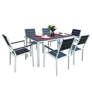 Set Tavolo da Giardino con 6 Sedie in Acciaio e Piano HDPE Effetto Teak, Tavolo Esterno Rettangolare Moderno Resistente alle Intemperie, Arredo Outdoor Terrazzo Balcone Grigioscuro