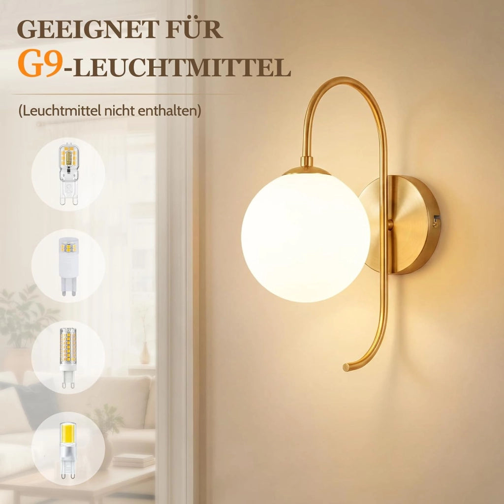 ZMH Lampada da Parete Interni Oro G9 Vetro Sferico 36cm Rotonda Vintage Metall per Soggiorno Scala Senza Lampadina